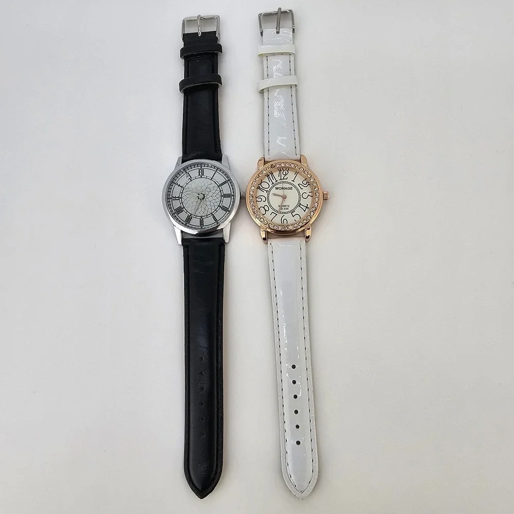 2X Women's Watch 38MM Gray Cream Dial Black White Faux Leather Bands NEW Battery